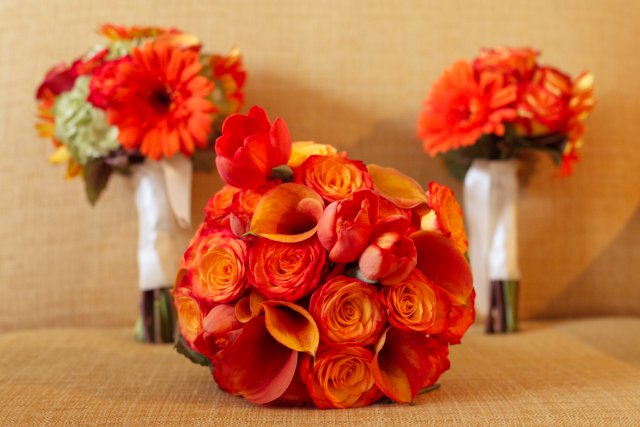 orange roses, orange orchids, bouquet, nashville wedding